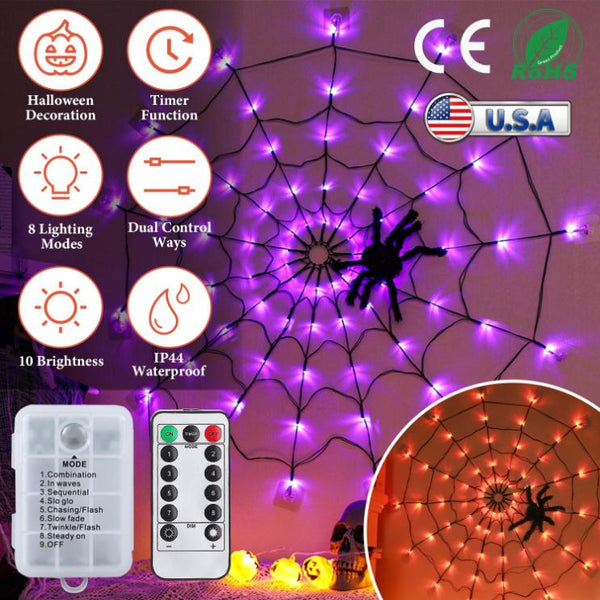 3 FT Spider Web Light Hairy Spider LED Battery Powered Remote Control 8 Lighting Modes