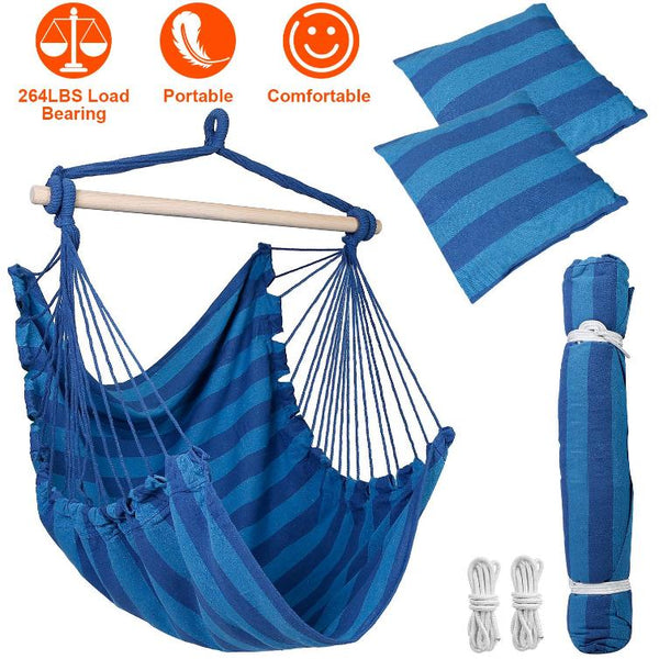 Hammock Hanging Chair Canvas Porch Patio Swing Seat Portable Camping Rope Seat Wooden Stick Hammock Chair w/ 2Pillows 265LBS Load-bearing