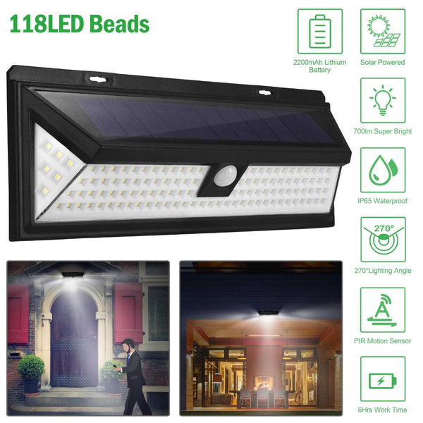 Solar Lights 118 LED Solar Wall Light Outdoor Motion Sensor Lamp 270° Wide Angle