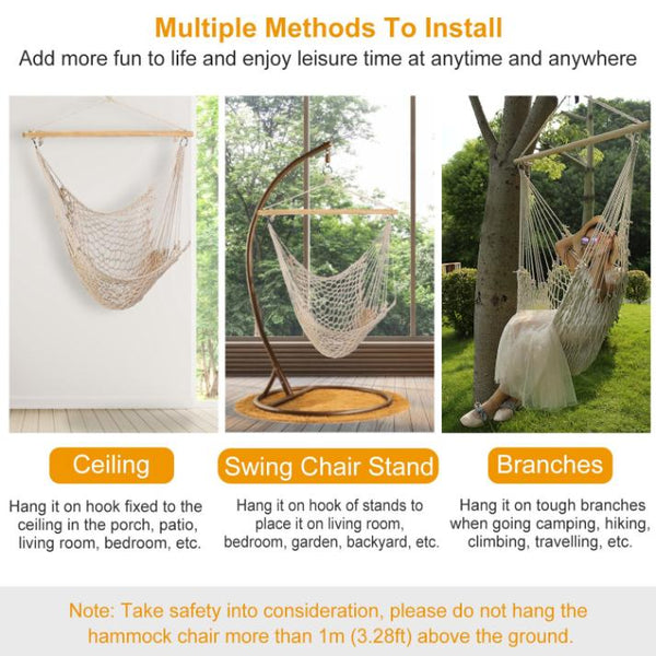 Hammock Chair Hanging Rope Seat Swing w/ Wooden Stick 220lbs Load for Patio Porch
