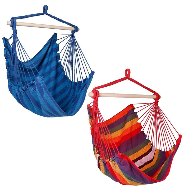 Hammock Hanging Chair Canvas Porch Patio Swing Seat Portable Camping Rope Seat Wooden Stick Hammock Chair w/ 2Pillows 265LBS Load-bearing