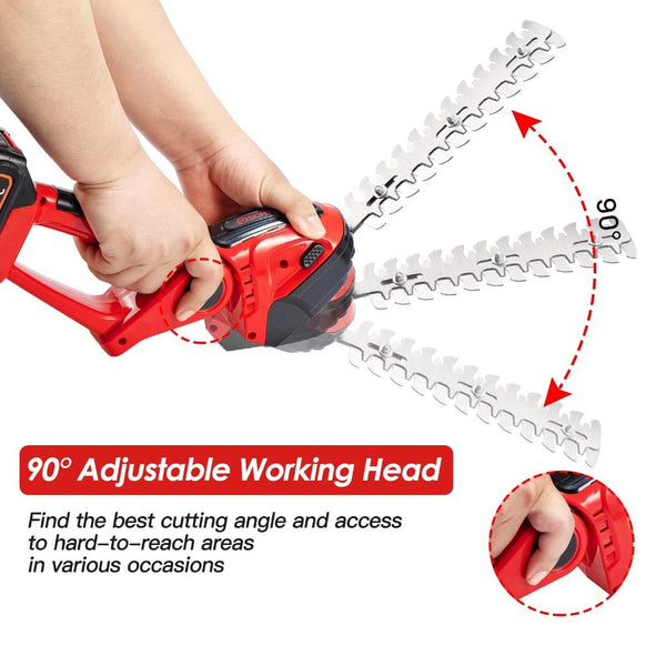 24V Cordless Handheld Grass Shear Hedge Trimmer with 90° Cutting Angle 2Pcs Replaceable Blades Electric Shrub Trimmer Hedge Cutter with Detachable Bat
