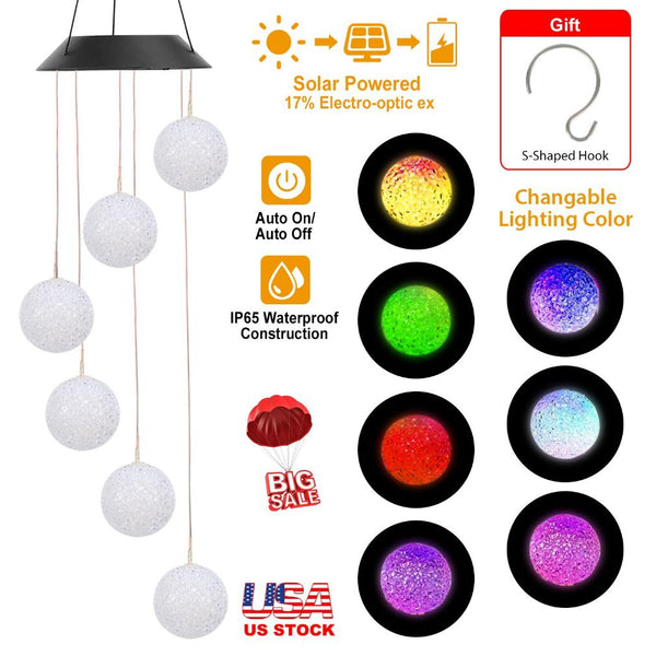 Solar Powered LED Ball Wind Chimes Color Changing LED String Light Garden Patio Decor