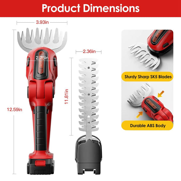 24V Cordless Handheld Grass Shear Hedge Trimmer with 90° Cutting Angle 2Pcs Replaceable Blades Electric Shrub Trimmer Hedge Cutter with Detachable Bat