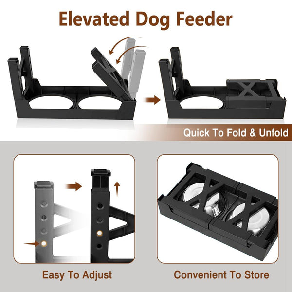 Dog Raised Bowls 5 Adjustable Heights Stainless Steel Elevated Foldable Double Bowl Dog Feeder