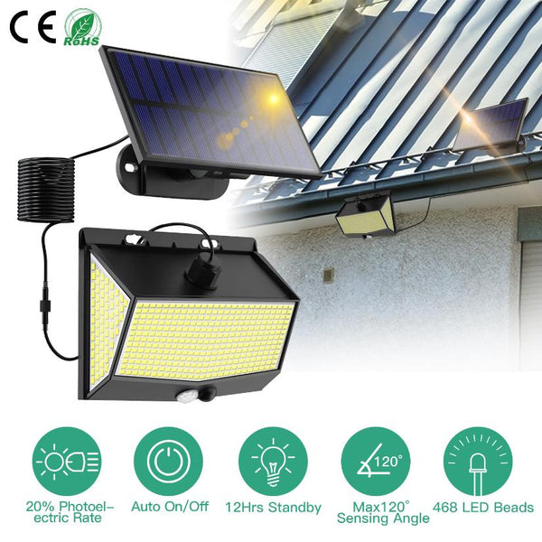 Solar Powered Wall Lights Motion Sensor Outdoor Lamps Separate Solar Panel 468 LED