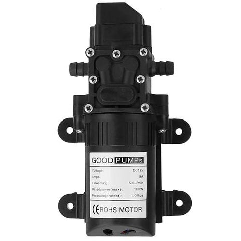 12V Water Pump with 2 Hose Clamps Self Priming Sprayer Pump 123PSI 100W 5.5L/Min for RV Camper Marine Boat
