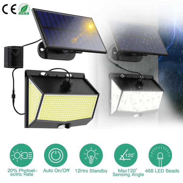Solar Powered Wall Lights Motion Sensor Outdoor Lamps Separate Solar Panel 468 LED