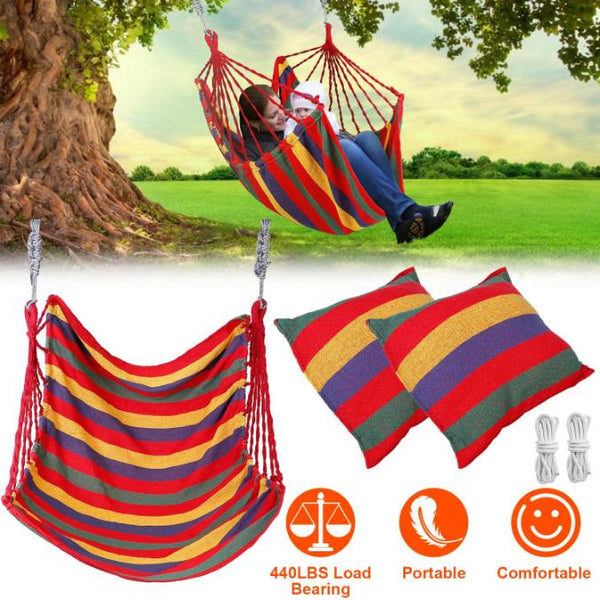 Hammock Hanging Chair Canvas Porch Patio Swing Seat Portable Camping Rope Seat w/ 2Pillows440LBS Limit