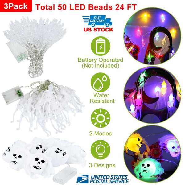 3Pcs String Lights Halloween Light Decorations 24ft Halloween Colorful 3D Skeleton Ghost