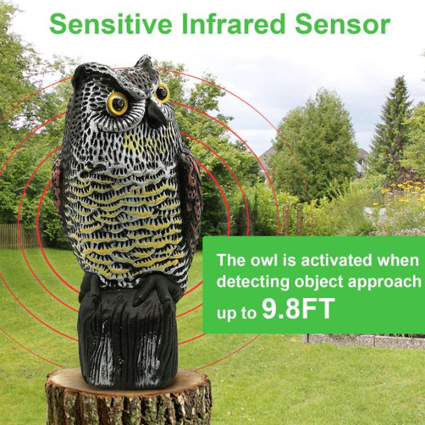 Solar Powered Owl Decoy with Flashing Eye Hoot Sound Infrared Sensor Scare Bird Squirrel Away Pest Repellent Bird Deterrent Outdoor Garden Yard Protec