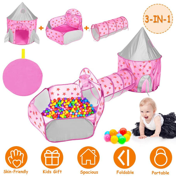 3 In 1 Child Crawl Tunnel Tent Kids Play Ball Pit Set Foldable Play House Pop-up