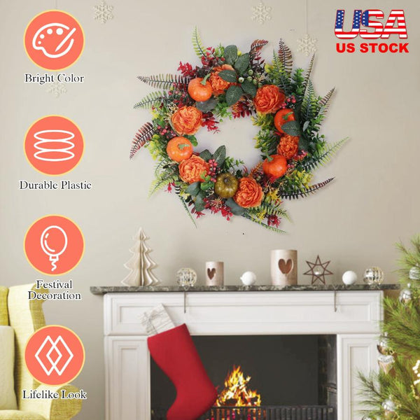 Fall Decoration Autumn Wreath with Pumpkin Mixed Leaves Berries Flowers Halloween Thanksgiving