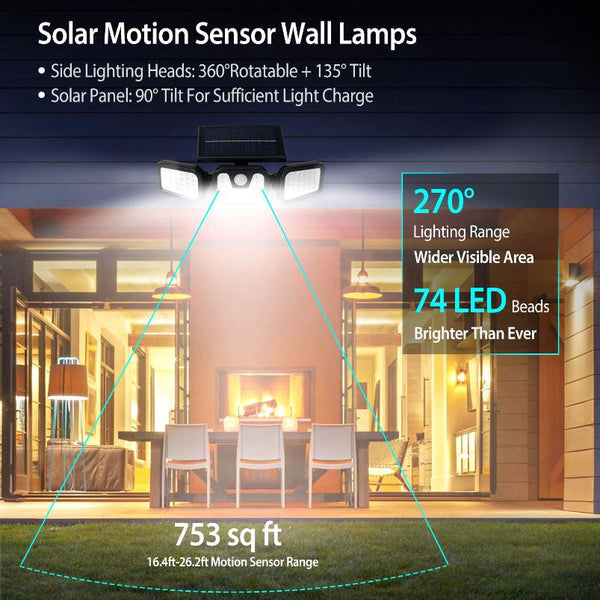 Solar Wall Lamp 74 LEDs 3 Adjustable Head Motion Sensor Flood Lights