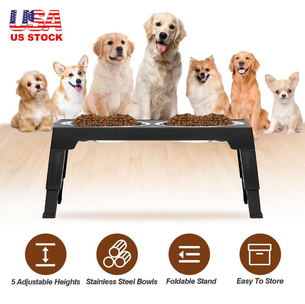 Dog Raised Bowls 5 Adjustable Heights Stainless Steel Elevated Foldable Double Bowl Dog Feeder