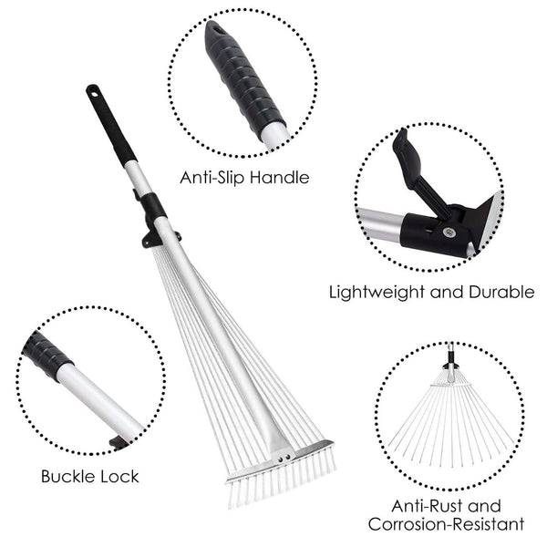 63in Adjustable Garden Leaf Rake 15 Teeth Expanding Stainless Steel Rake For Quick Clean Lawn Yard Garden w/ 7-21inch Teeth Width Folding Head