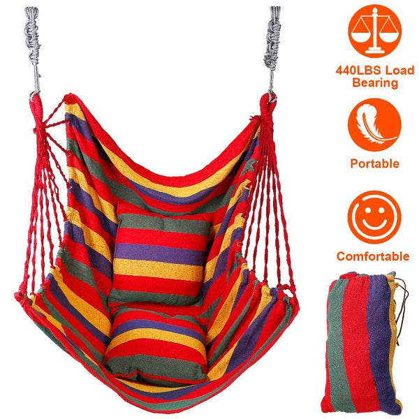 Hammock Hanging Chair Canvas Porch Patio Swing Seat Portable Camping Rope Seat w/ 2Pillows440LBS Limit