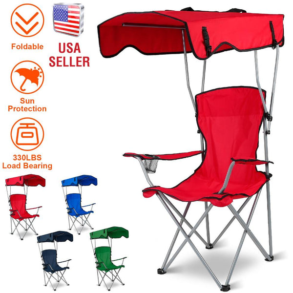 Foldable Beach Canopy Chair Sun Protection Camping Lawn Canopy Chair 330LBS Load Folding Seat w/ Cup Holder For Beach Poolside Travel Picnic
