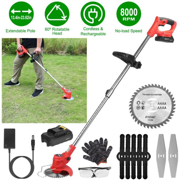 Electric Cordless Grass Trimmer Rechargeable Lawn Mower Weed Cutter with Alloy Saw Blade 2 Alloy Blades 5 Plastic Blades 2 Rechargeable Batteries Gogg