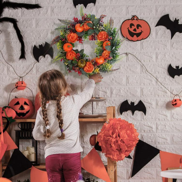 Fall Decoration Autumn Wreath with Pumpkin Mixed Leaves Berries Flowers Halloween Thanksgiving
