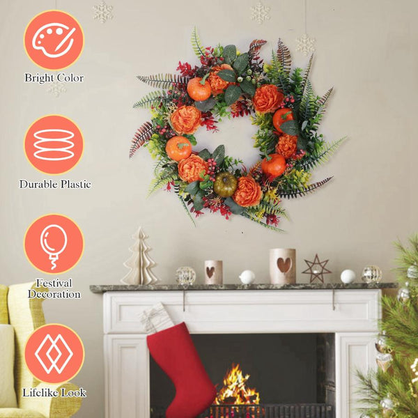 Fall Decoration Autumn Wreath with Pumpkin Mixed Leaves Berries Flowers Halloween Thanksgiving