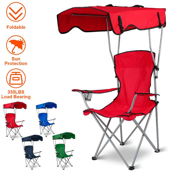Foldable Beach Canopy Chair Sun Protection Camping Lawn Canopy Chair 330LBS Load Folding Seat w/ Cup Holder For Beach Poolside Travel Picnic