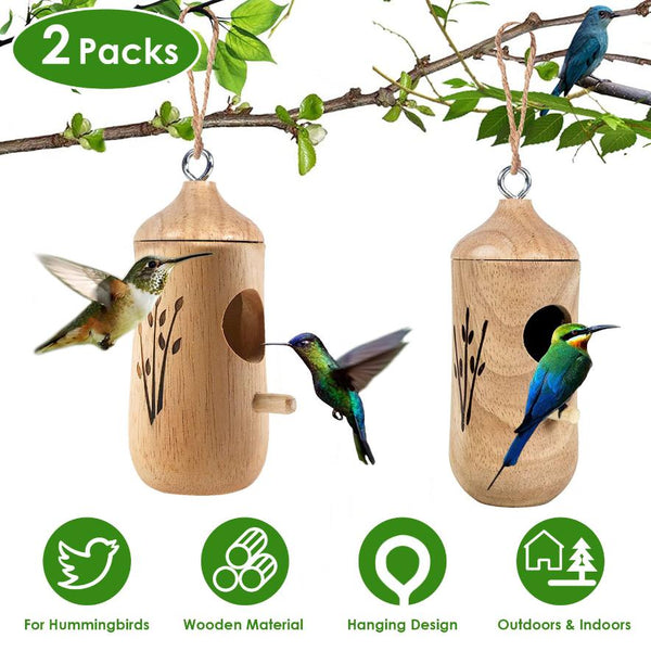2 Pack Wooden Hanging Humming Bird Houses for Outside Bird Nest Feeder Patio Garden