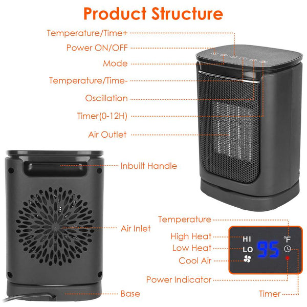 1500W Electric Space Heater Ceramic Heater Fan Oscillating Heating Fan with 3 Modes