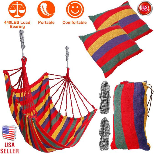 Hammock Hanging Chair Canvas Porch Patio Swing Seat Portable Camping Rope Seat w/ 2Pillows440LBS Limit