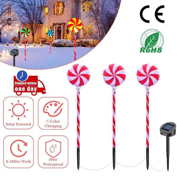 Christmas Candy Lollipops Light Set of 3 Waterproof Stake Solar Lamp for Yard Garden Pathway