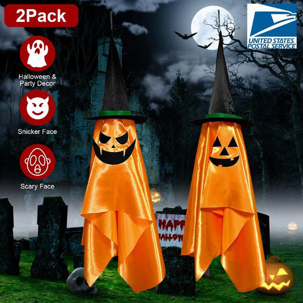 Hanging Ghosts Wizard Hat Tree Porch Scary Face Halloween Decorations Orange Pumpkin
