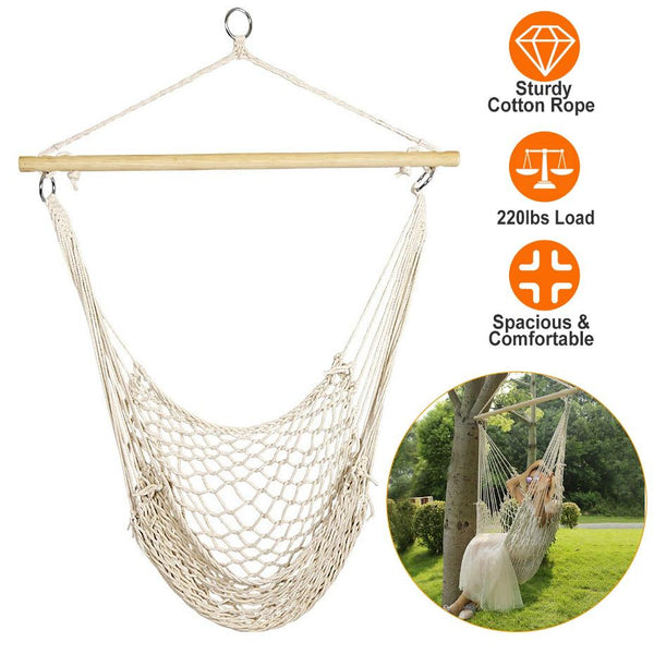 Hammock Chair Hanging Rope Seat Swing w/ Wooden Stick 220lbs Load for Patio Porch