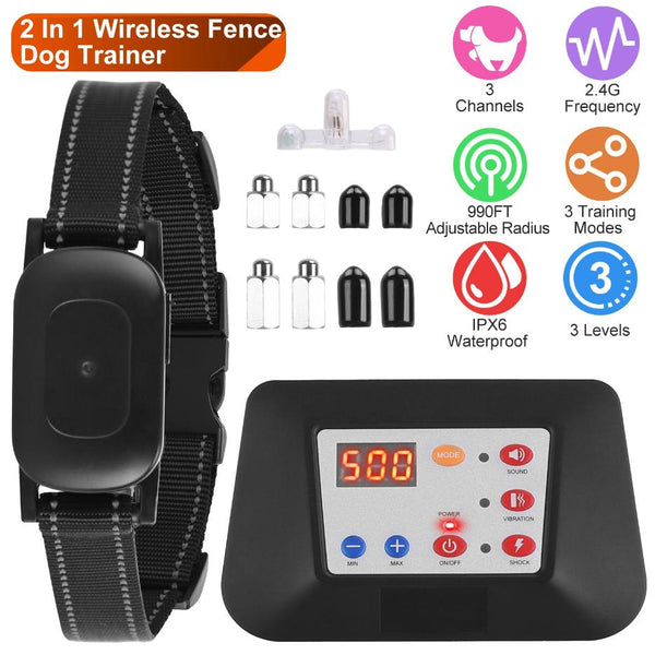 Dog Training Collar Wireless Fence Pet Beep Vibration Electric Shock Fence System 990FT Radius