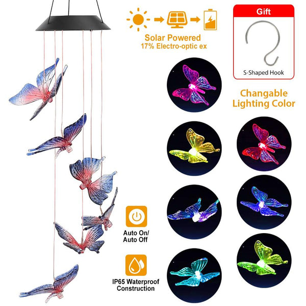 Solar LED Butterfly Wind Chimes Color Changing String Light Patio Garden Decor