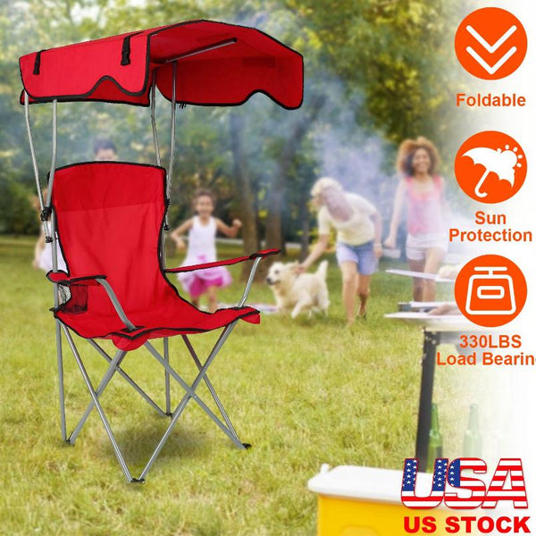 Foldable Beach Canopy Chair Sun Protection Camping Lawn Canopy Chair 330LBS Load Folding Seat w/ Cup Holder For Beach Poolside Travel Picnic