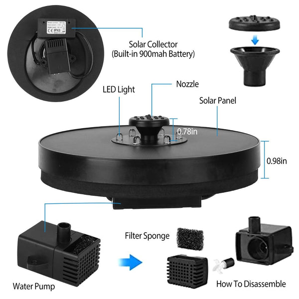 Solar Powered Fountain Pump Floating Bird Bath Pond Pump w/ LED Lights Aquarium Pond