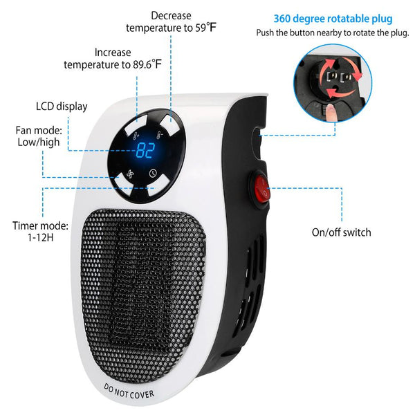 500W Portable Heater Fan Wall Outlet Plug-in Adjustable Temp w/ Remote Control