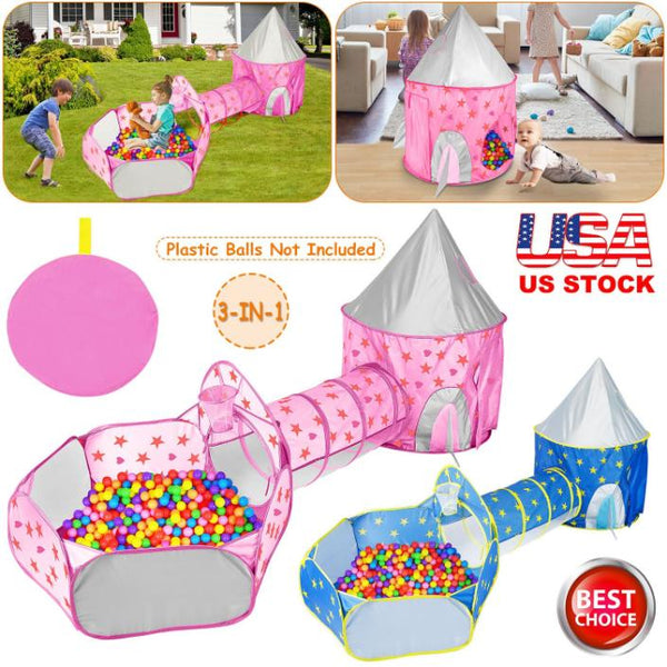3 In 1 Child Crawl Tunnel Tent Kids Play Ball Pit Set Foldable Play House Pop-up