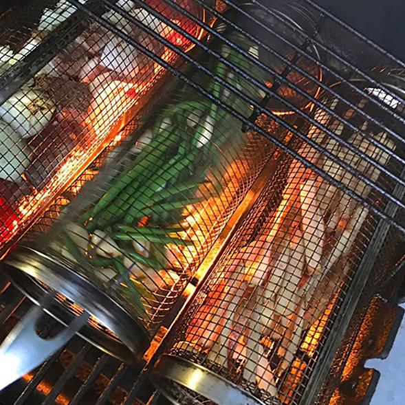 2 Pack BBQ Grill Mesh Rolling Baskets Cylinder Stainless Steel Barbecue Net Tube