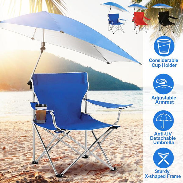 Foldable Beach Chair with Detachable Umbrella Armrest Adjustable Canopy Stool with Cup Holder Carry Bag for Camping Poolside Travel Picnic Lawn Chair
