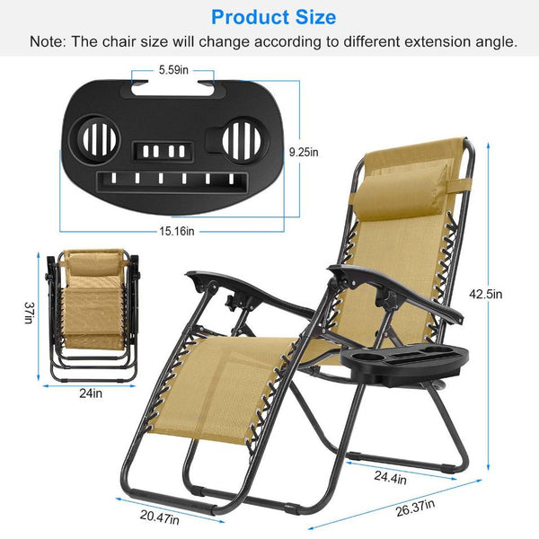 2 Pack Zero Gravity Lounge Chair w/ Dual Side Tray 330lbs Load Foldable Recliner Chair w/ Stress Relief Pillow Patio Poolside Beach Lying Chair