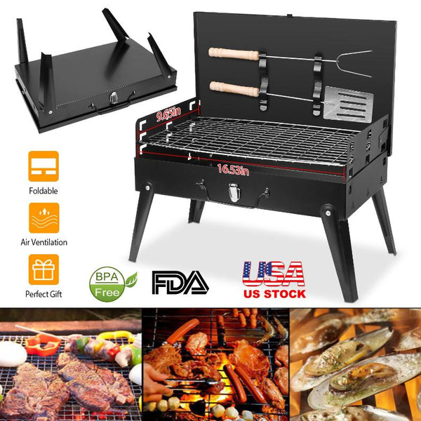 Small Portable Charcoal Grill Foldable BBQ Suitcase Grill Shelf For Outdoor Camping Picnics Garden Grilling