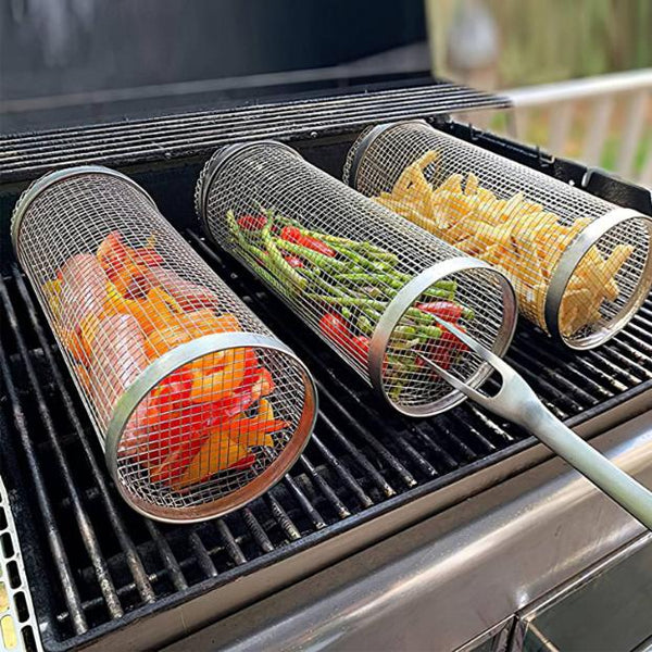 2 Pack BBQ Grill Mesh Rolling Baskets Cylinder Stainless Steel Barbecue Net Tube