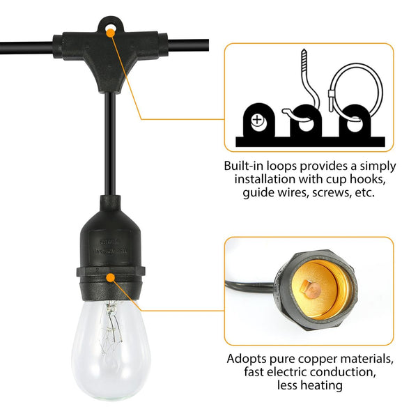 48FT Outdoor String Lights Waterproof Patio Bulbs Commercial Yard Lights Garden Warm