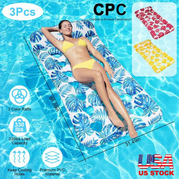 3 Pack Inflatable Pool Float Raft Water Lounge 330lbs Load-Bearing Mattress with Headrest for Adult Swimming Pool Toy Party Beach