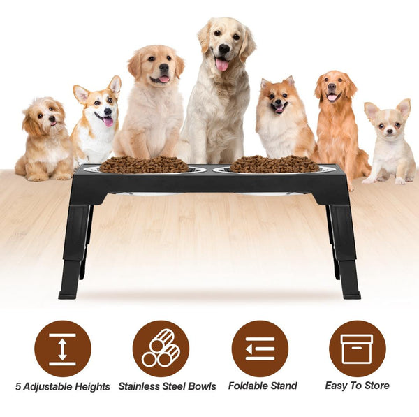 Dog Raised Bowls 5 Adjustable Heights Stainless Steel Elevated Foldable Double Bowl Dog Feeder
