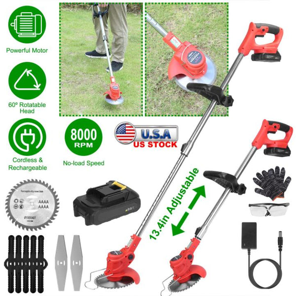Electric Cordless Grass Trimmer Rechargeable Lawn Mower Weed Cutter with Alloy Saw Blade 2 Alloy Blades 5 Plastic Blades 2 Rechargeable Batteries Gogg