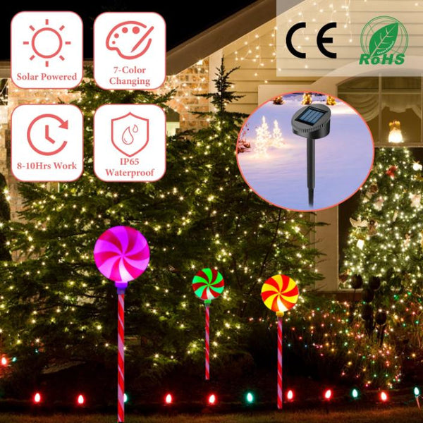 Christmas Candy Lollipops Light Set of 3 Waterproof Stake Solar Lamp for Yard Garden Pathway
