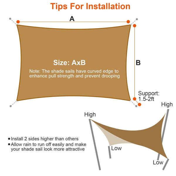Rectangle Shade Sails Top Canopy 98% UV Block Awning Shelter Patio Cover 185GSM HDPE with Snap Hooks Ropes for Outdoor Garden Backyard
