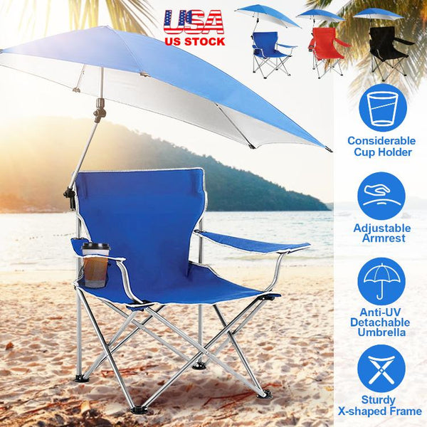 Foldable Beach Chair with Detachable Umbrella Armrest Adjustable Canopy Stool with Cup Holder Carry Bag for Camping Poolside Travel Picnic Lawn Chair